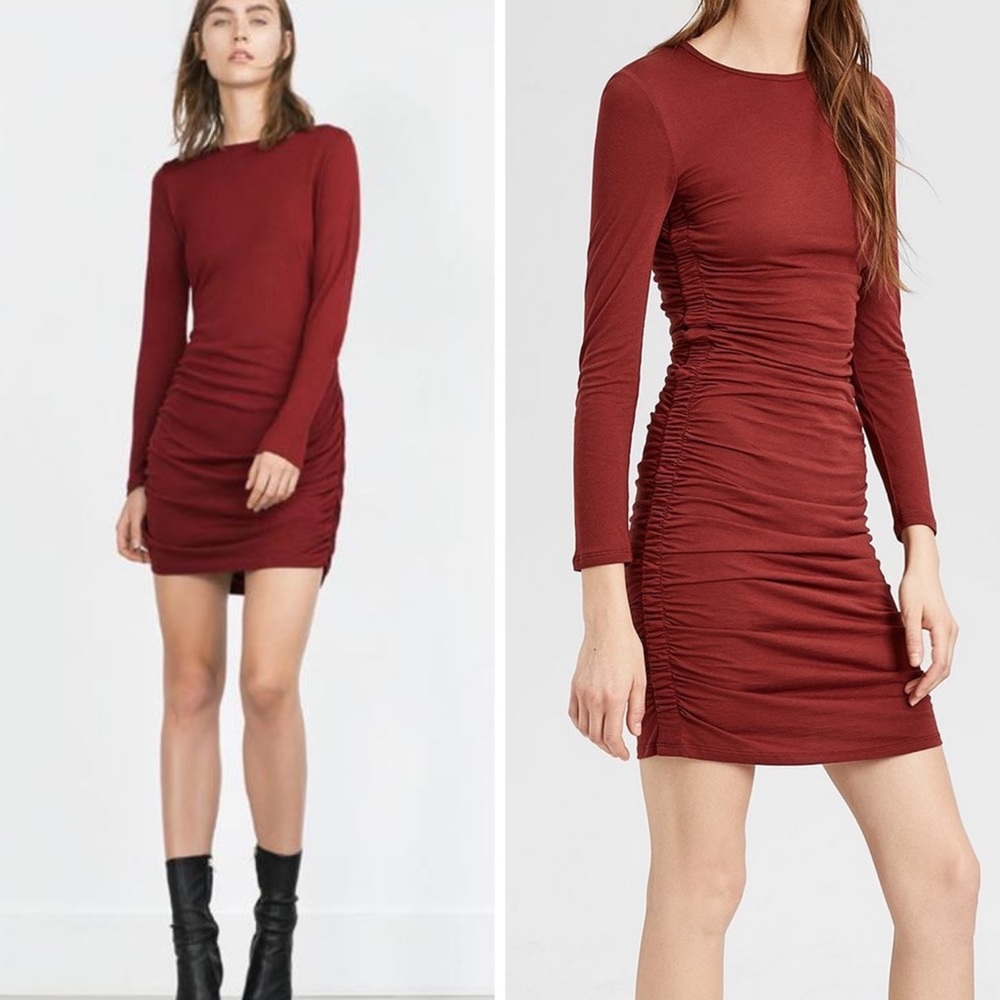 Gorgeous Burgundy Long Sleeve Ruched Dress